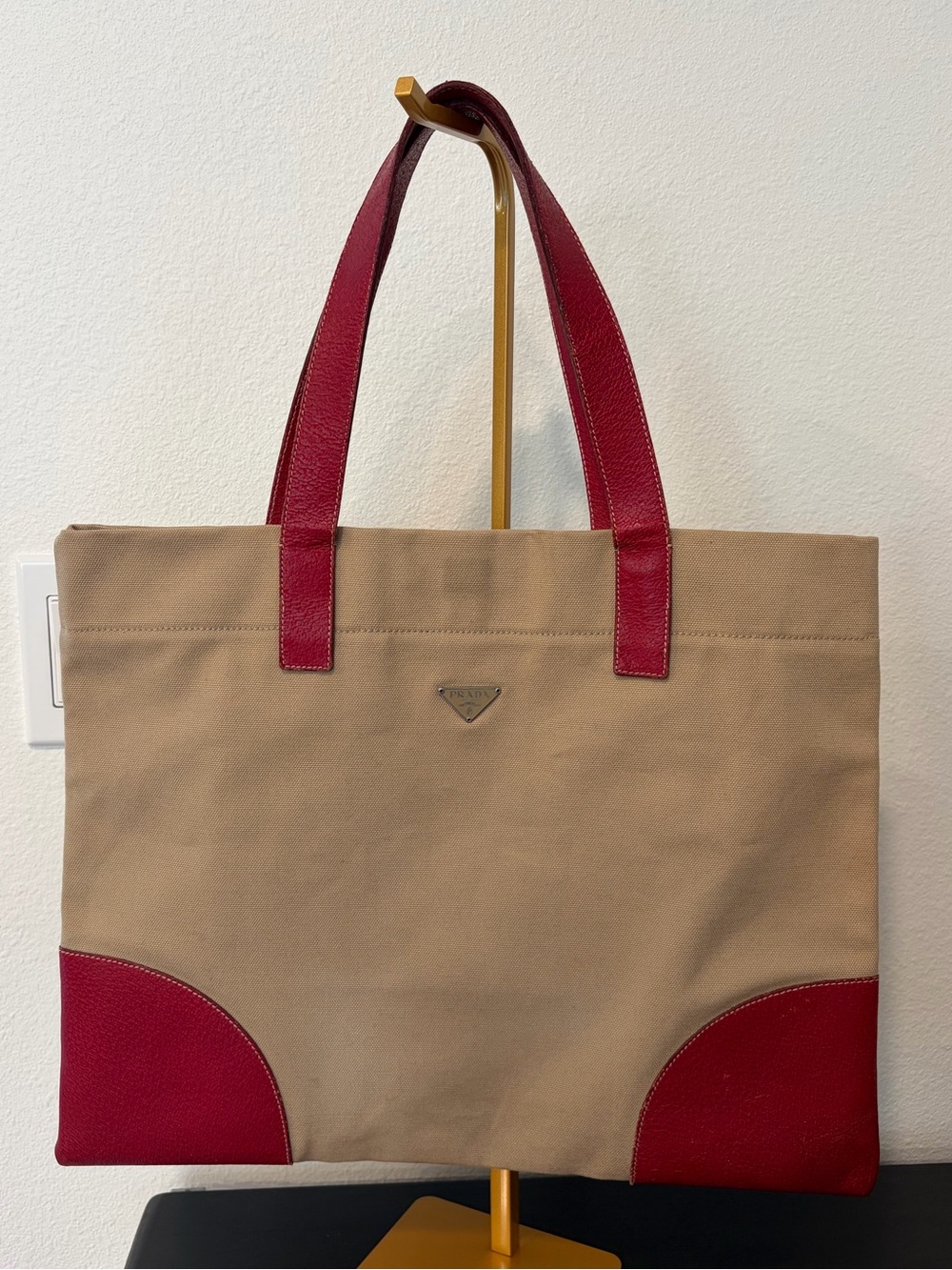 Prada Cinghiale Trimmed Canapa Tote Bag in beige canvas with red leather accents